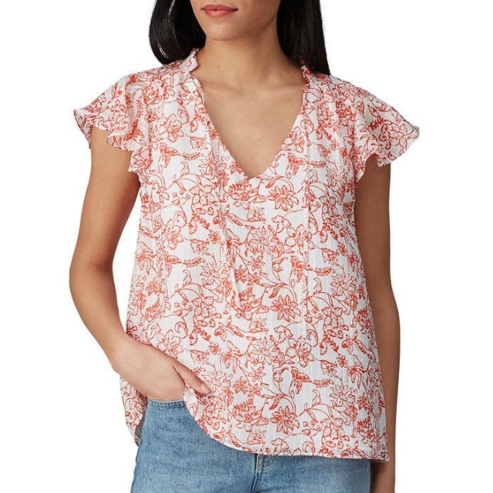 Parker Exie Floral Print Flutter Ruffle Cap Sleeve Tie Neck Silk Blouse Red XXL